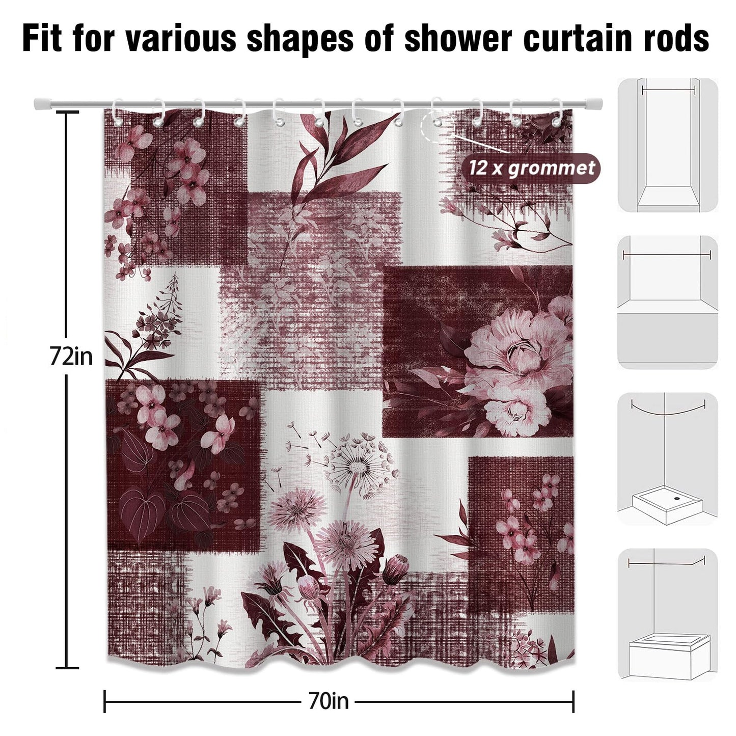 DLTAY Burgundy Patchwork Shower Curtain, 70 X 72 Inches