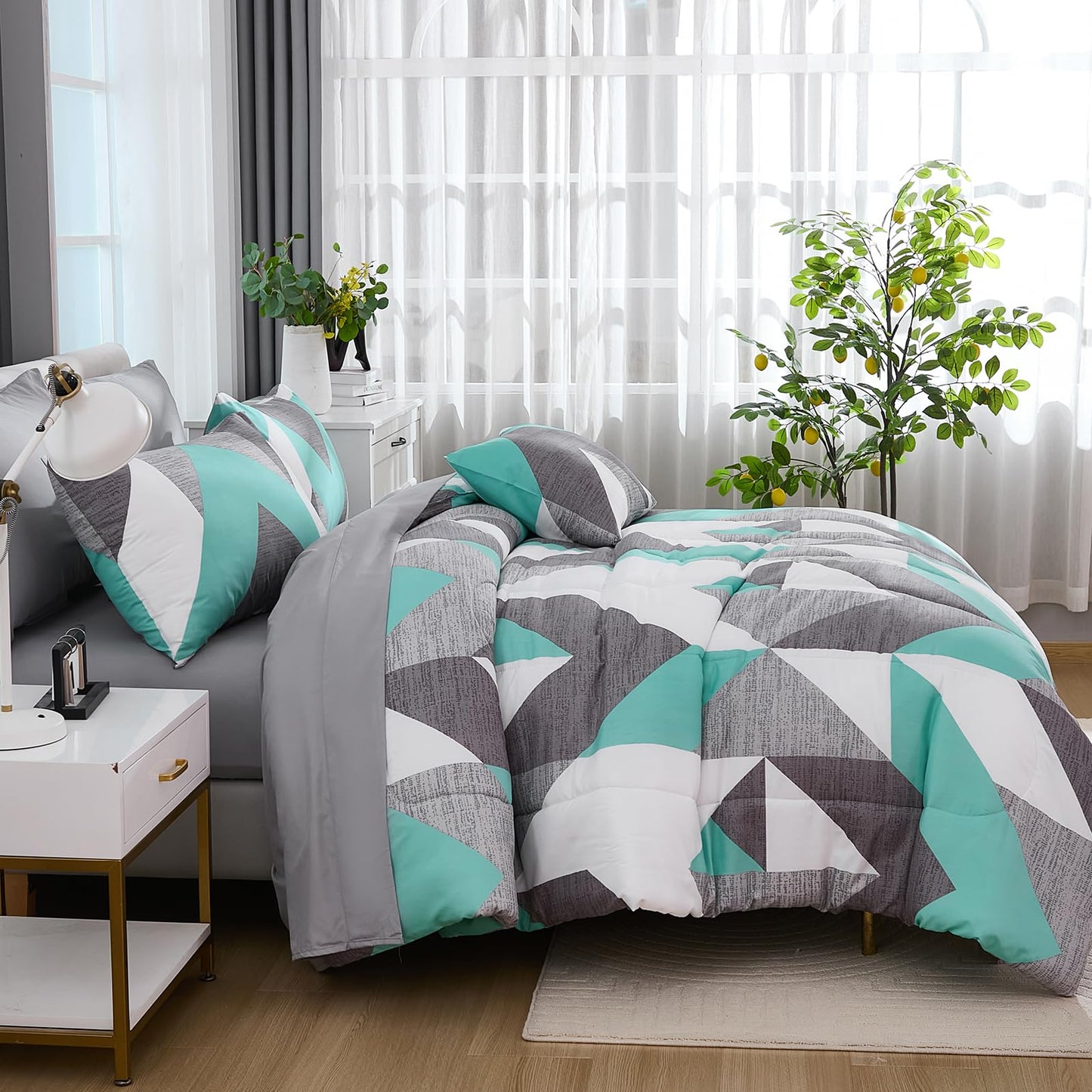 Bedbay Teal Grey Queen Comforter Set with Sheets 8 Pcs Queen Bed in a Bag Modern Geometric Chevron Print Luxury Western Bedding 1 Comforter 4 Pillowcases 1 Flat Sheet 1 Fitted Sheet 1 Cushion Cover