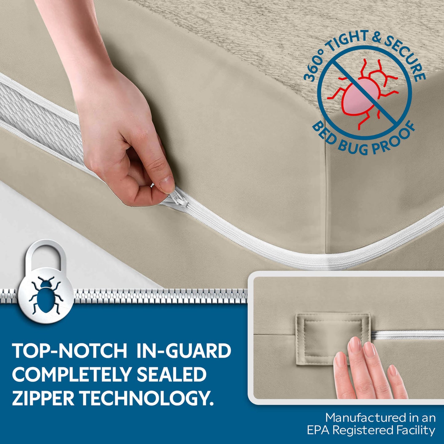 Guardmax Short Queen Mattress Encasement Zippered,100% Waterproof Mattress Protector,Soft & Absorbent Cotton Terry Top Mattress Cover for Kids,Adults, & Pets, Bed Bug & Dust Mite Proof Cover (Taupe)
