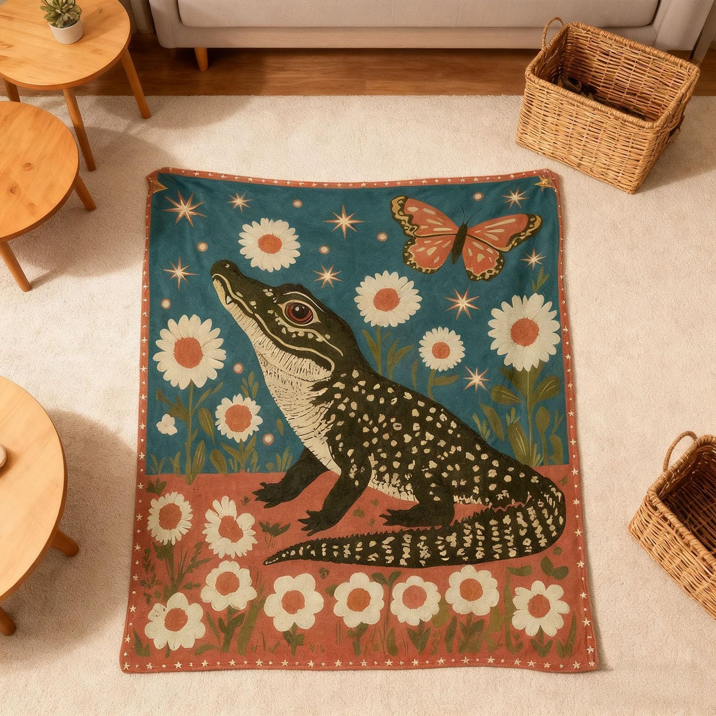 kampdream Retro Print Flannel Blanket Throw, Super Soft Cozy Nap Throws, Crocodile with Daisy and Butterfly Print Blanket for Sofa Travel and Camping, for All Seasons 50"x60" inch Red