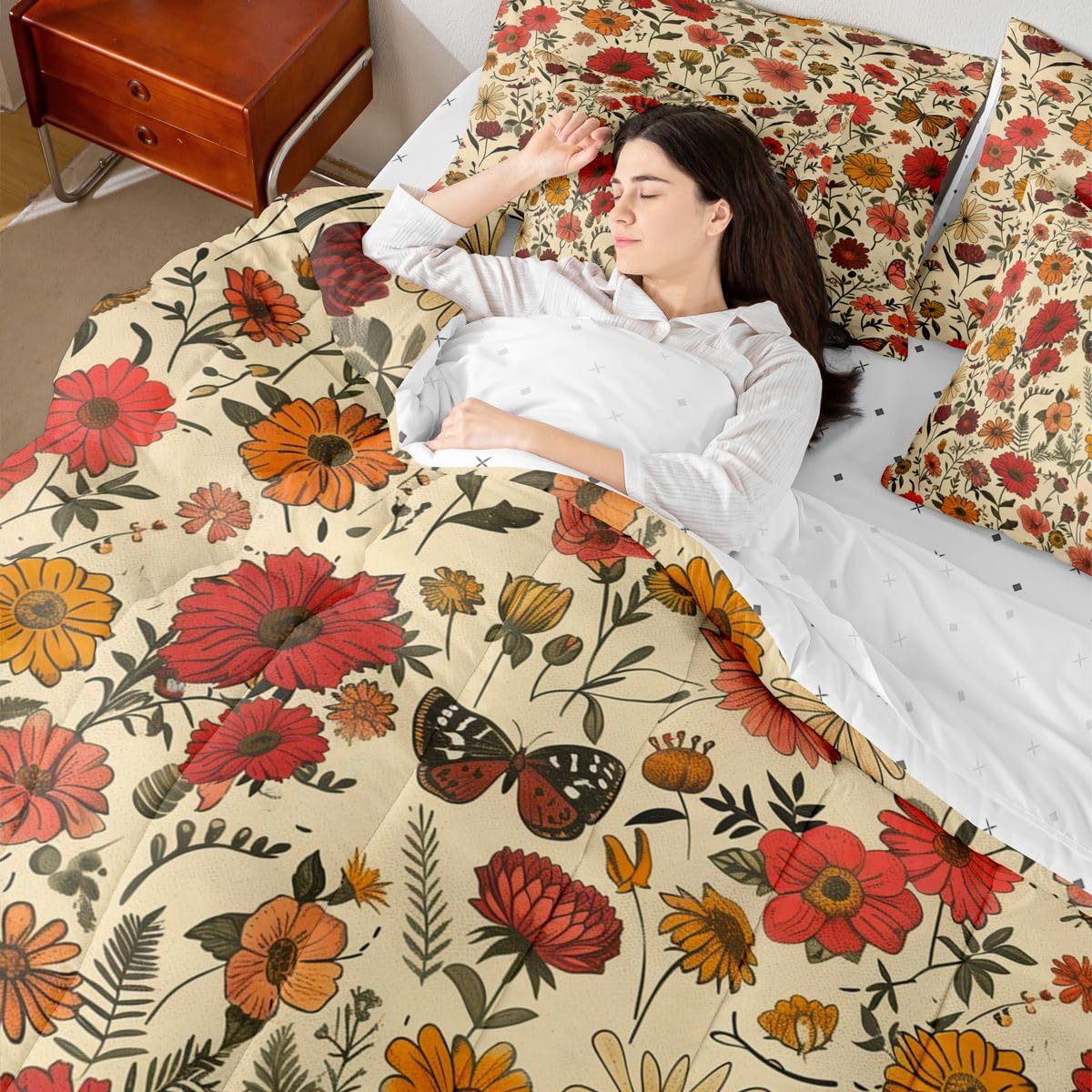 Erosebridal Daisy 7 Piece Bedding Set Queen Butterfly Comforter Set with Sheets Lily of The Valley Floral Theme Bed in a Bag Cute Hand Drawn Flower Butterfly for Kids Boys Girls
