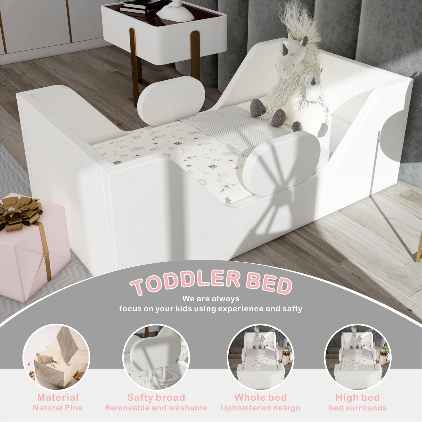 weeonekids Toddler Bed, Child Bed for Kids with Extra Safty Broad, Standard Crib Size Toddler Bed, Certified Fabric Toddler Beds,Toddler Flood Bed (White)