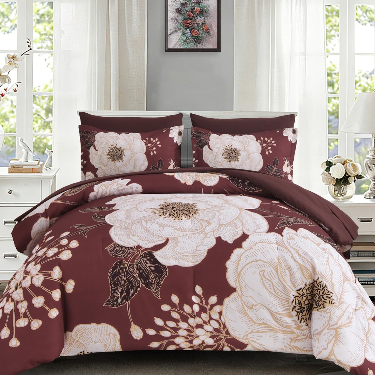 Luxudecor Burgundy Floral Queen Comforter Set 7 Pieces Bed in a Bag,Beige Flower Print on Burgundy Bedding Set,Soft Reversible Comforter with Sheets 90"x90"