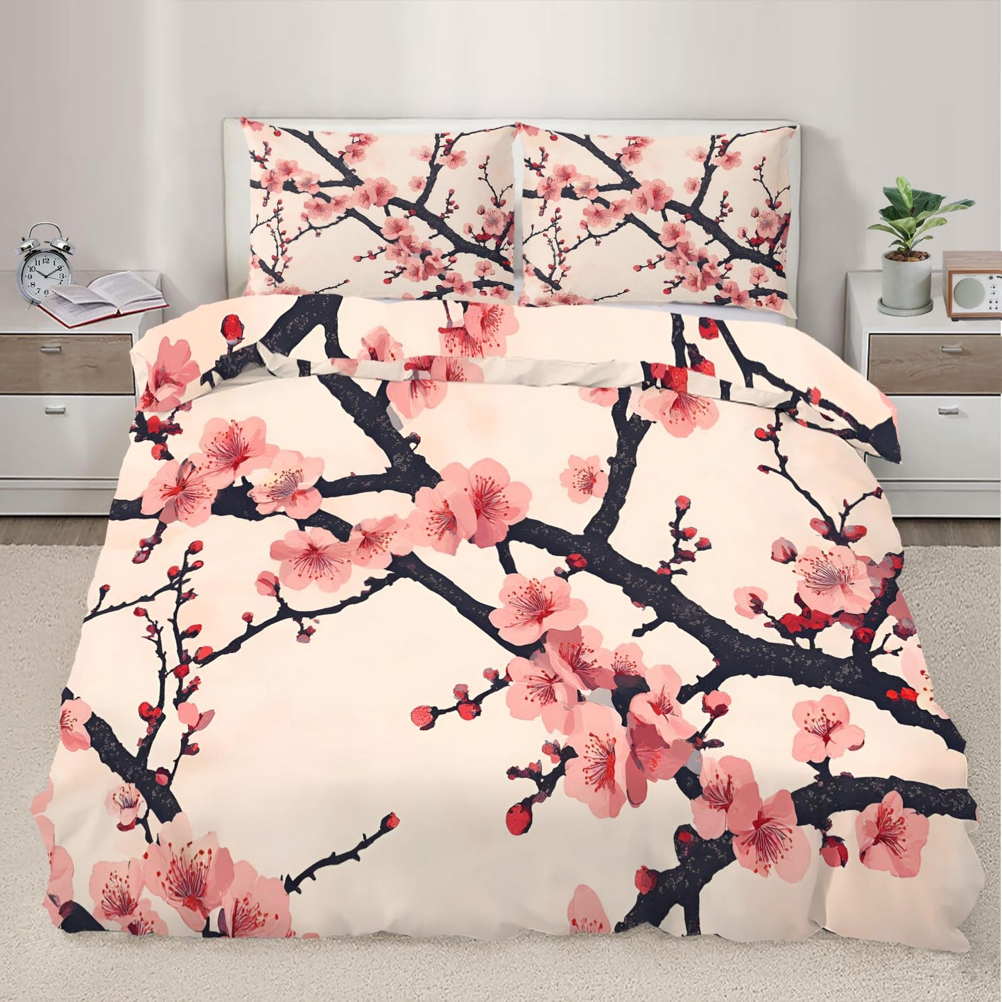 QINYUN Cherry Blossoms Duvet Cover Oversized King Size, Traditional Flower Bedding Set 3 Piece, Cherry Branch Comforter Cover 120x98 and 2 Pillow Sham with Zipper Closure
