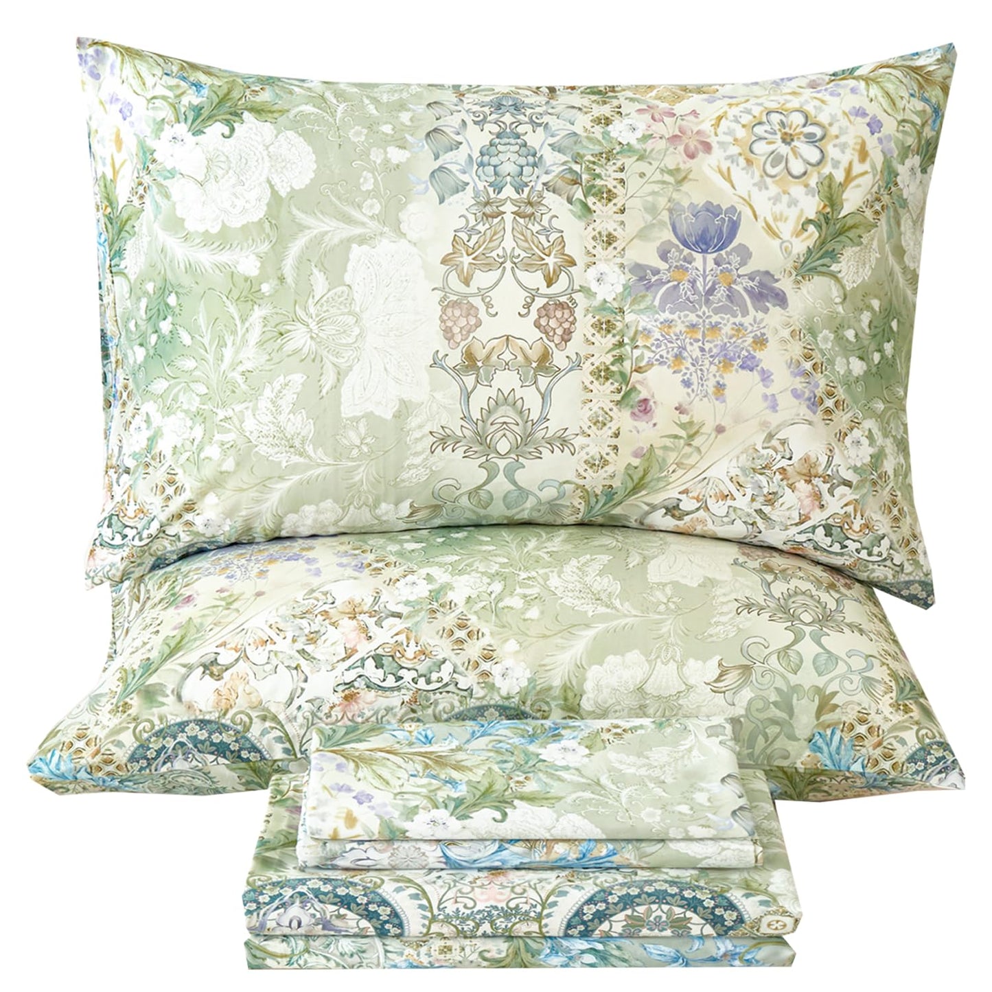 Zusbest Queen Sheet Set Luxury Sage Green Floral Bed Sheets 100% Cotton, Satin Weave Soft Silky Breathable for Hot Sleepers American Country Style Vintage Flower Deep Pocket 17.5‘’ Bed Set 4Pcs