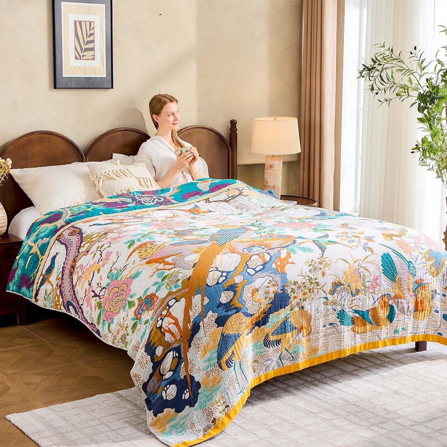 XIBLC Fall Throw Blanket for Couch, Yellow Boho Decorative Throw Blanket, 100% Cotton Muslin Breathable Woven Farmhouse Blankets Quilt, 60"x80" Reversible Lightweight Blankets Bohemian Throw Quilt