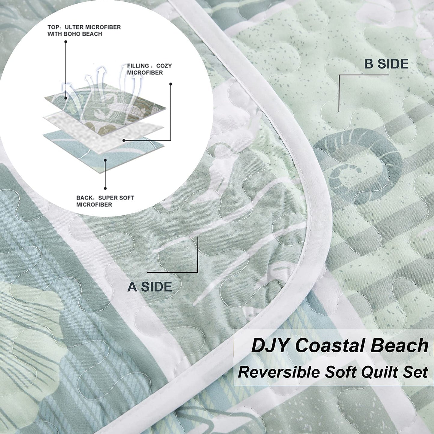 DJY Green Quilt Set Queen Coastal Beach Theme Quilt Coverlet Set Soft Microfiber Reversible Bedspread with 2 Pillow Sham 3 Pieces Coastal Bedding Quilt for All Season 90"x96"
