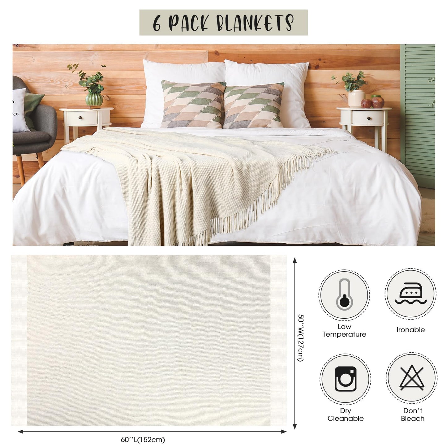 SmoothNovelty 6 Pcs Beige Boho Throw Blankets Bulk Cozy Knitted Bed Throw Blanket with Tassels Woven Textured Decorative Throw Blanket for Couch Room Sofa Bed Chair Acrylic Wave Pattern, 50" x 60"