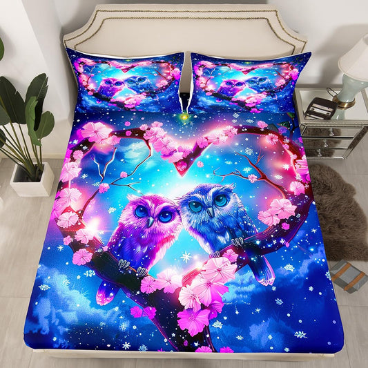 Cartoon Owls Fitted Sheet Cute Owl Bedding Set for Kids Adult 3D Animal Printed Bed Sheet Set Galaxy Botanical Floral Bed Cover Starry Sky Colorful Room Decor 2Pcs with 1 Pillow Case Twin Size