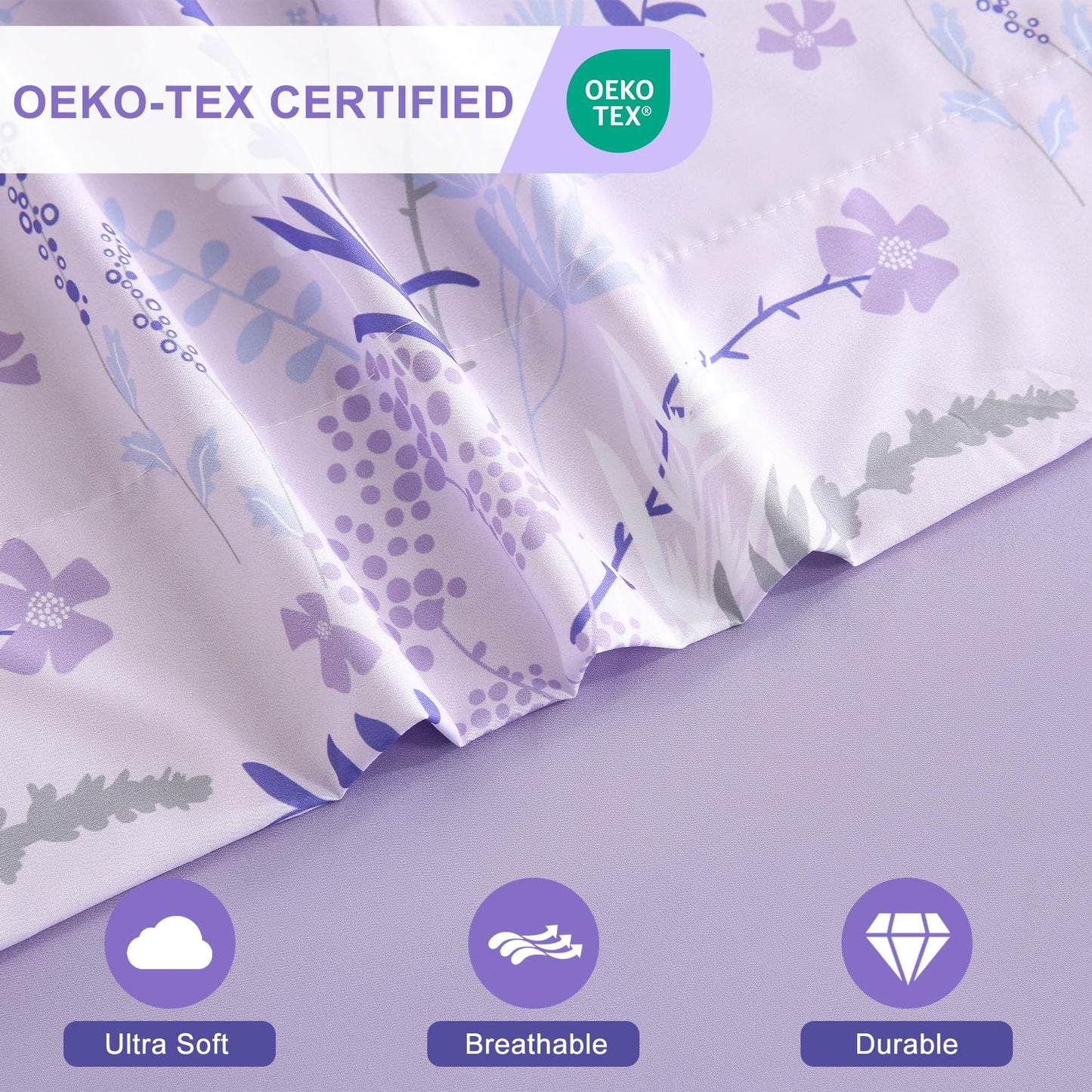 Botanical 6-Piece Full Size Sheets Set, Boho Floral Print Brushed Microfiber Sheets, Cooling Bed Sheet Set, Ultra Soft & Breathable, 16' Deep Pocket Fitted Sheet & Pillowcase Set, Purple Floral