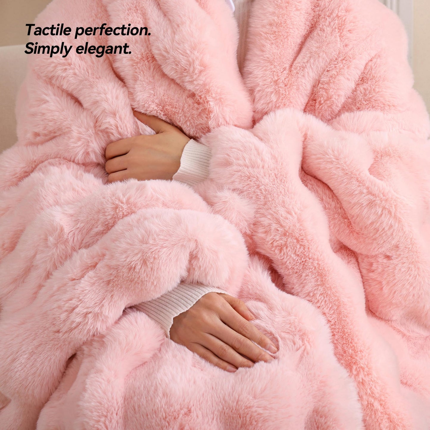 YIKUSH Faux Fur Throw Blanket for Couch, Blush Pink Fluffy Cozy Rabbit Bubble Fleece Blanket, Soft Fuzzy Blanket for Sofa & Bed, Warm Plush Thick Home Room Decor Throw 50" x 60"-1100GSM