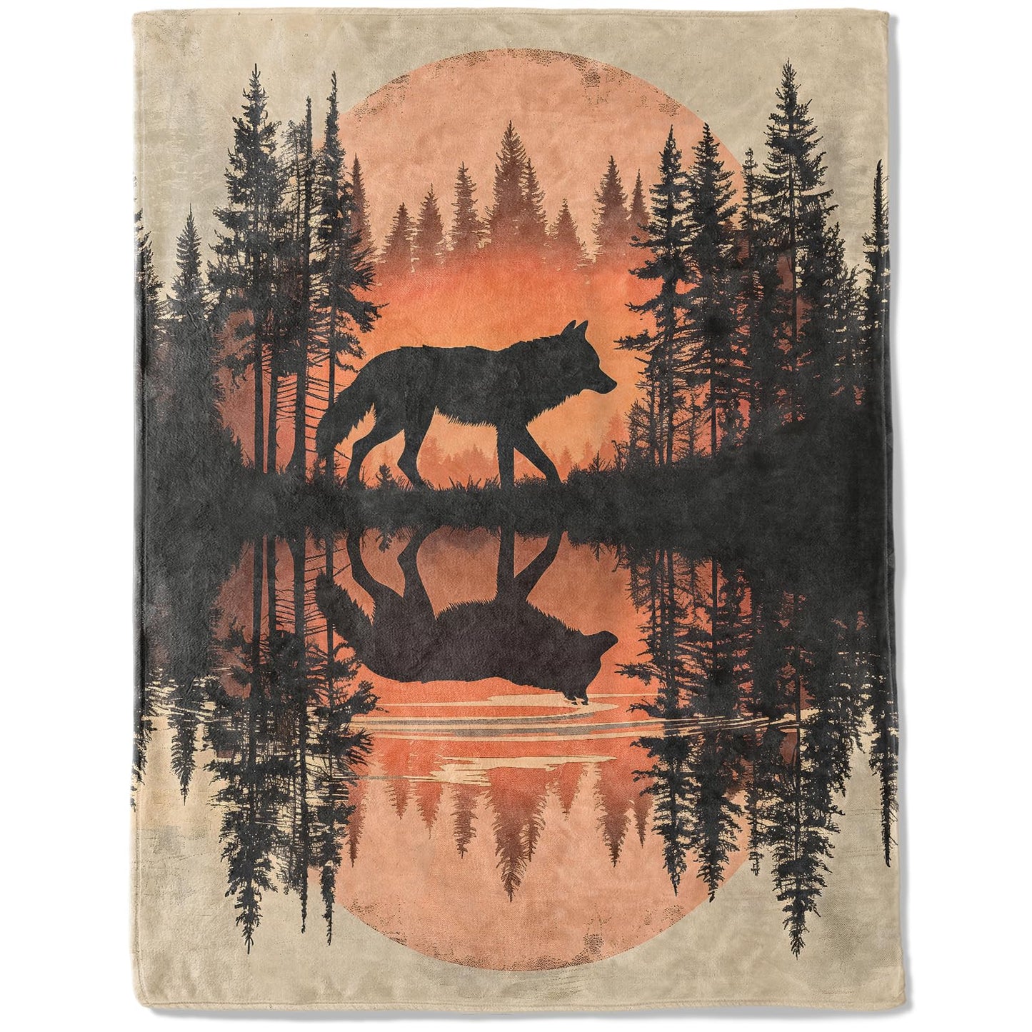 ainori Retro Wolf Forest Sunset Fleece Blanket,Animal Silhouette Pine Rree Lake Blankets,Rustic Nature Decorative Throws for Sofa,Bedroom,Lightweight Throw Gifts for Wildlife Lovers Men Boys 50”x60”