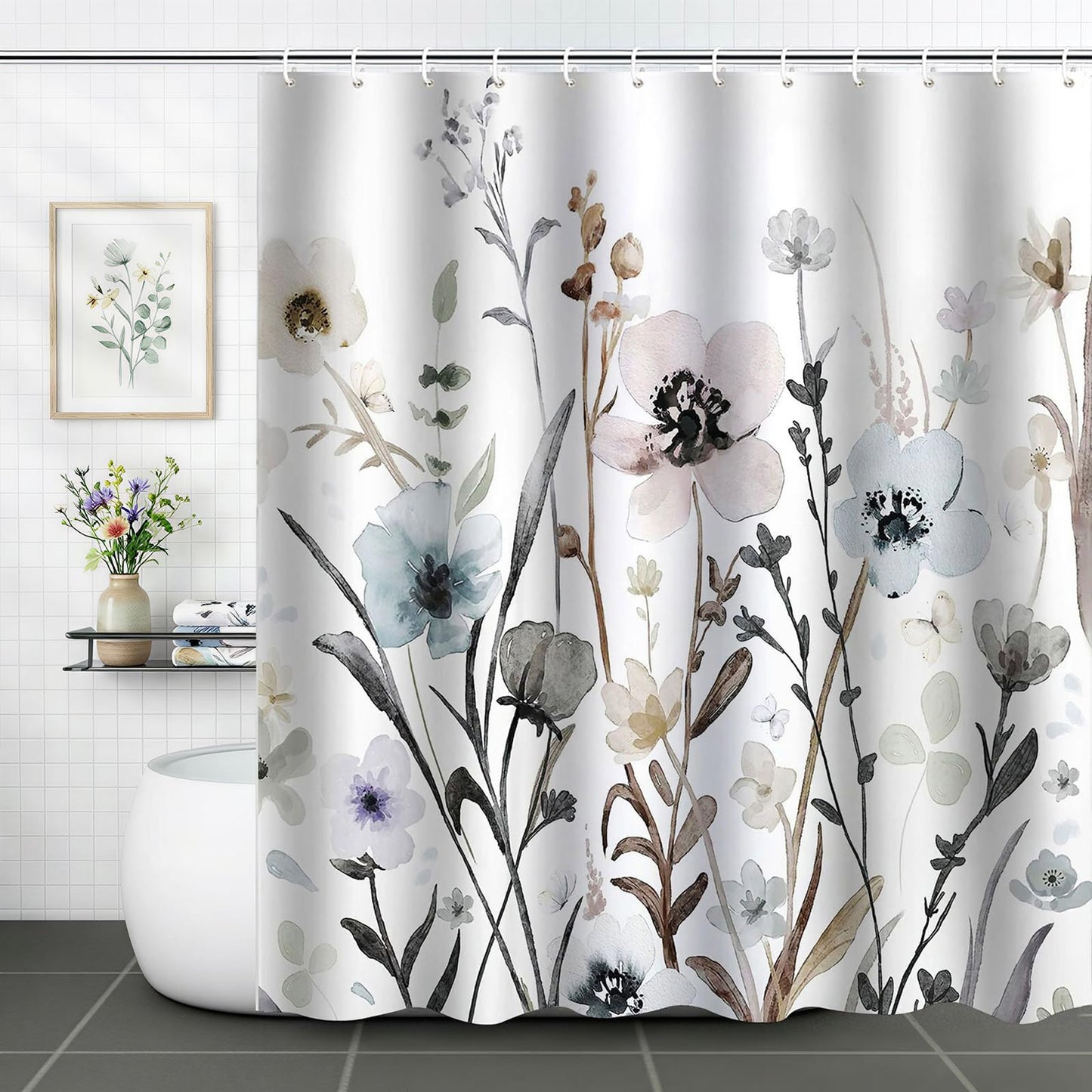 ZCHOMI Grey Pink Blue Floral Shower Curtain Watercolor Flower Shower Curtains for Bathroom Waterproof Polyester Fabric Bathroom Curtain 72 x 72 Inch with 12 Plastic Hook