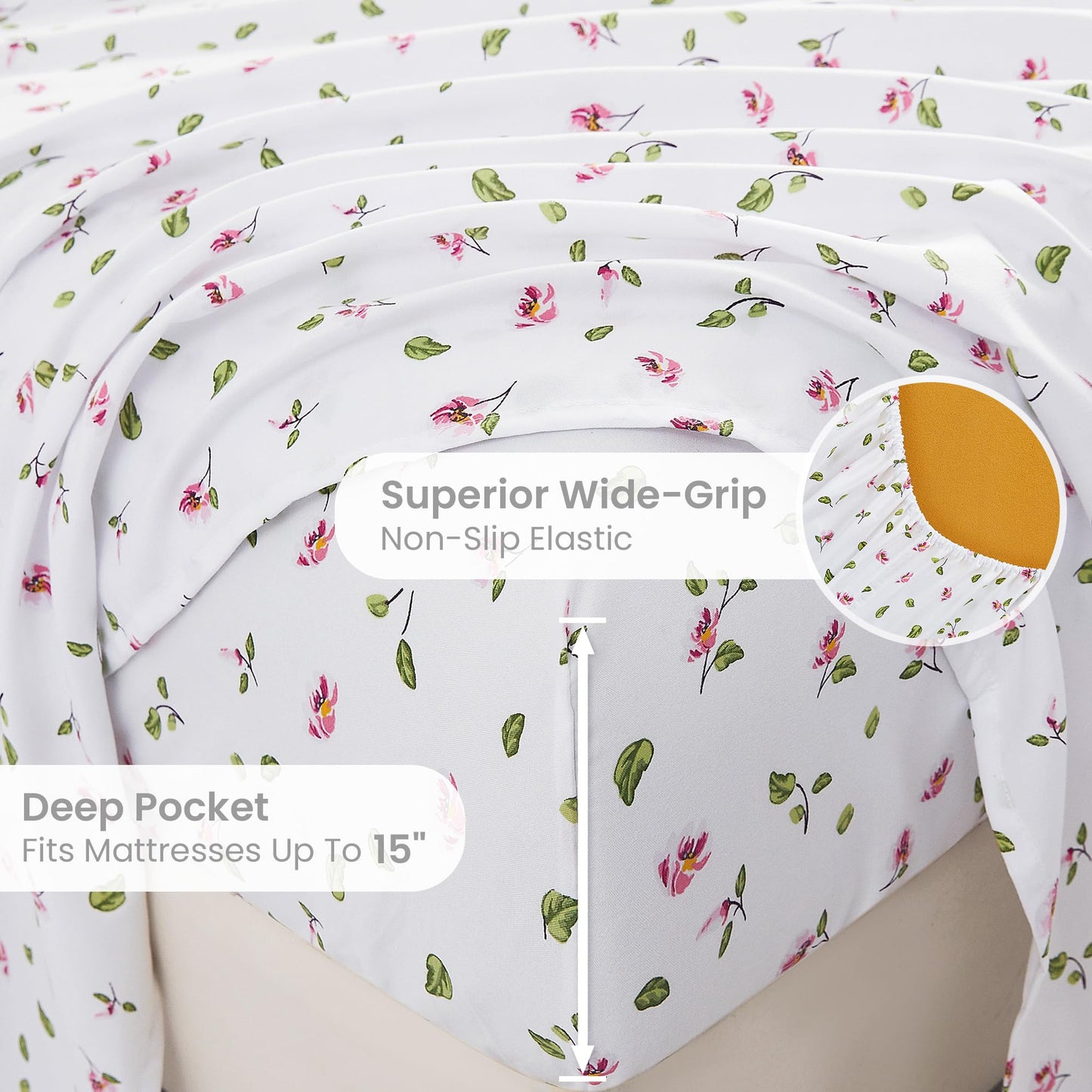 Mooreeke Queen Sheets Set - 4 Pieces Soft Breathable Microfiber Bed Sheet Set - Pink Flower Green Leaf Pattern Sheet Set - Deep Pocket Non-Slip Floral Printed Fitted Sheet Included for All Season