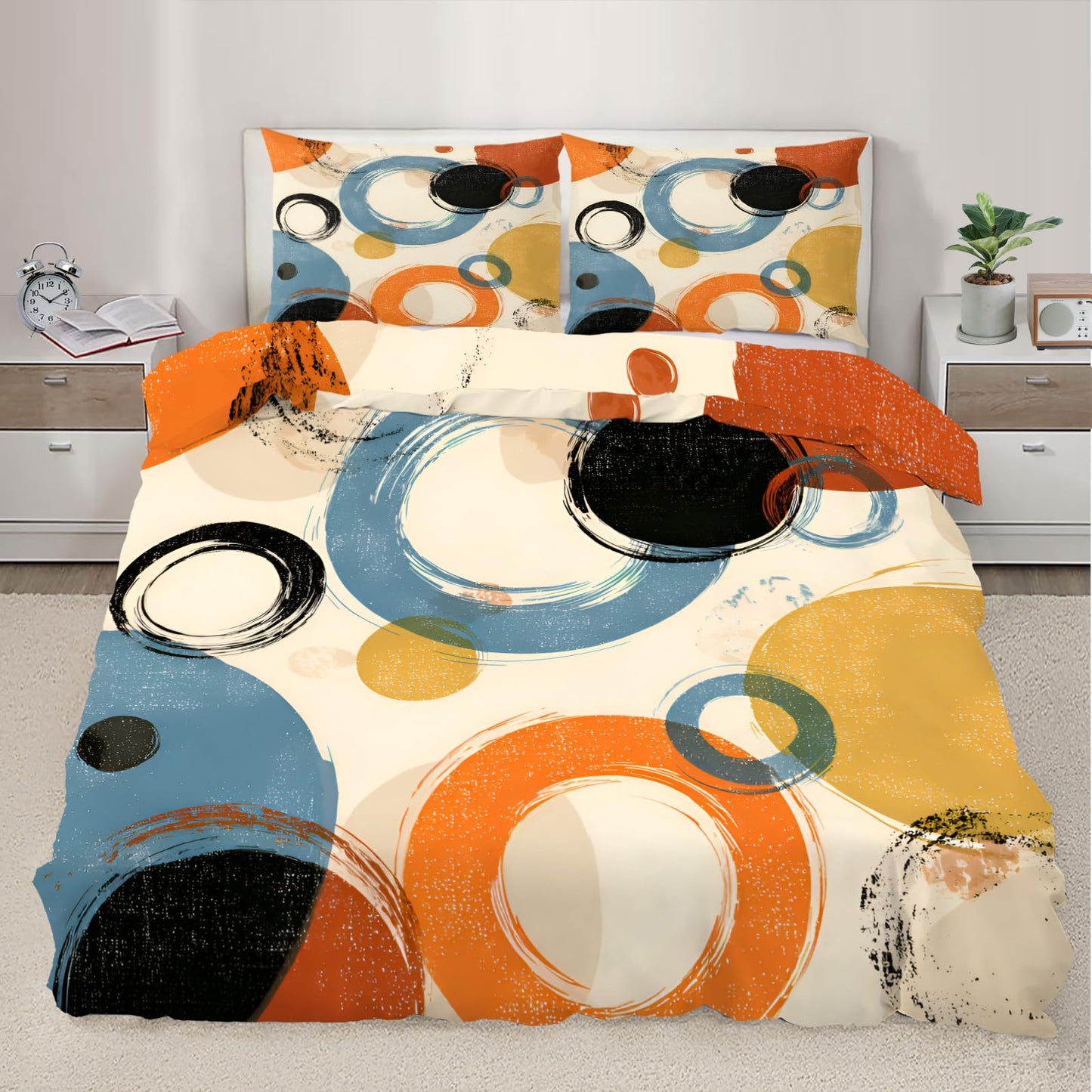 QINYUN Retro Dirt Duvet Cover Queen Size, Abstract Circle Geometry Art Bedding Set 3 Piece Bedroom Decor Farmhouse Comforter Cover with Zipper Ties & 2 Pillowcases