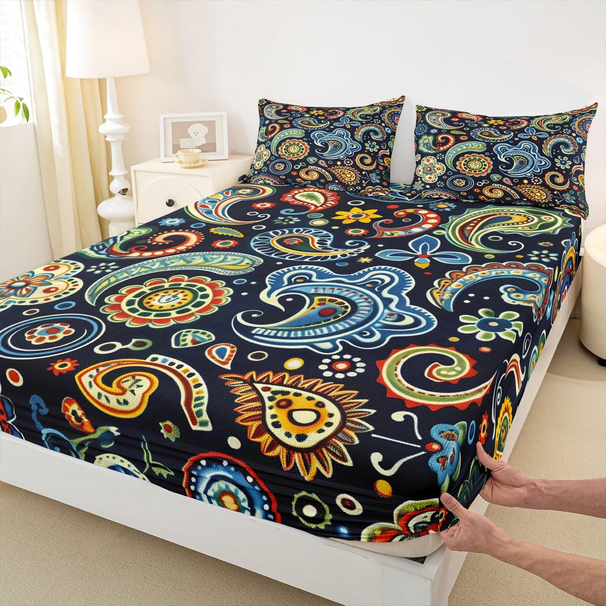 Feelyou Flower Bed Sheets Sets Queen Size Kids Boys Girls Paisley Bedding Set Boho Paisley Blue Print Bed Sheet Set with 16-Inch Deep Pockets Bohemian Exotic Style 4Pcs with 2 Pillow Cases