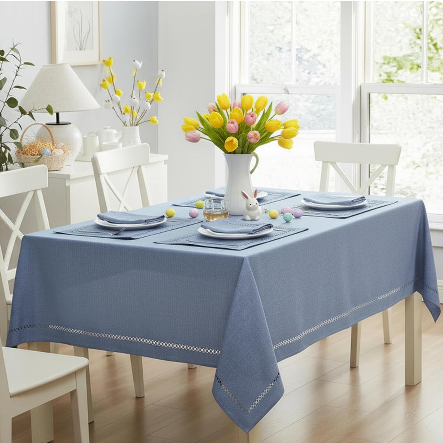 Newbridge Fabric Square Tablecloth, 52 x 52 Inch, Provence Lattice Cutwork Solid Color Textured, Water and Stain Resistant Easy Care Table Cloth for Parties, Wedgewood Blue
