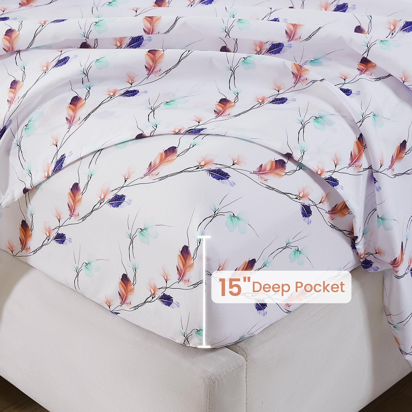 Softan Floral Full Sheet Set, Cozy Microfiber Pastel Blooms Printed Fitted Bed Sheet with 15" Deep Pockets & Non-Slip Straps, Feather Patterned Sheets & Pillowcase Set
