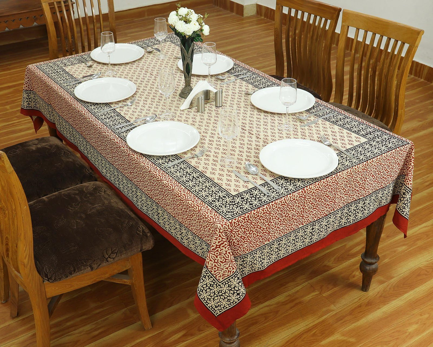 60x60 Inches Square Hand Block Printed Cotton Tablecloth, Red Black Floral Table Cloths Washable, Indian Table Linen for Outdoor Thanksgiving Gifts Home Decor Dinning Outdoor
