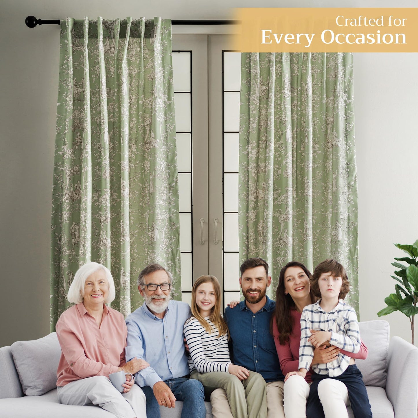 Maison d' Hermine Curtains for Living Room 100% Cotton 96 inch Length One Panel Light Filtering Toile Curtains for Bedroom Windows with Rod and Loop Pockets Drapes (Joli Jouy Green, 50" W x 96" L)