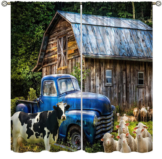 VUMIVI Rustic Farmhouse Curtains Barn Blue Pickup Truck Cows Sheep Trees Grasslands Pastoral Landscape Rod Pocket Window Treatments for Boys Girls Bedroom Kitchen Living Dining Cafe 42" W X 44.5" L