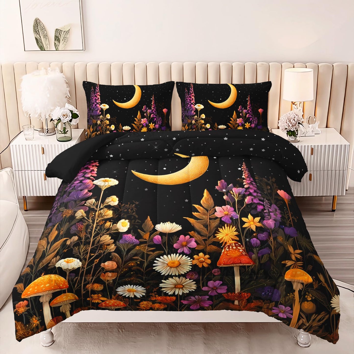 AILONEN Crescent Moon Garden Twin Comforter Set 3 Piece, Black Wildflower Bedding, Starry Mushroom Meadow, Dorm Bedroom, 2 Pillowcases