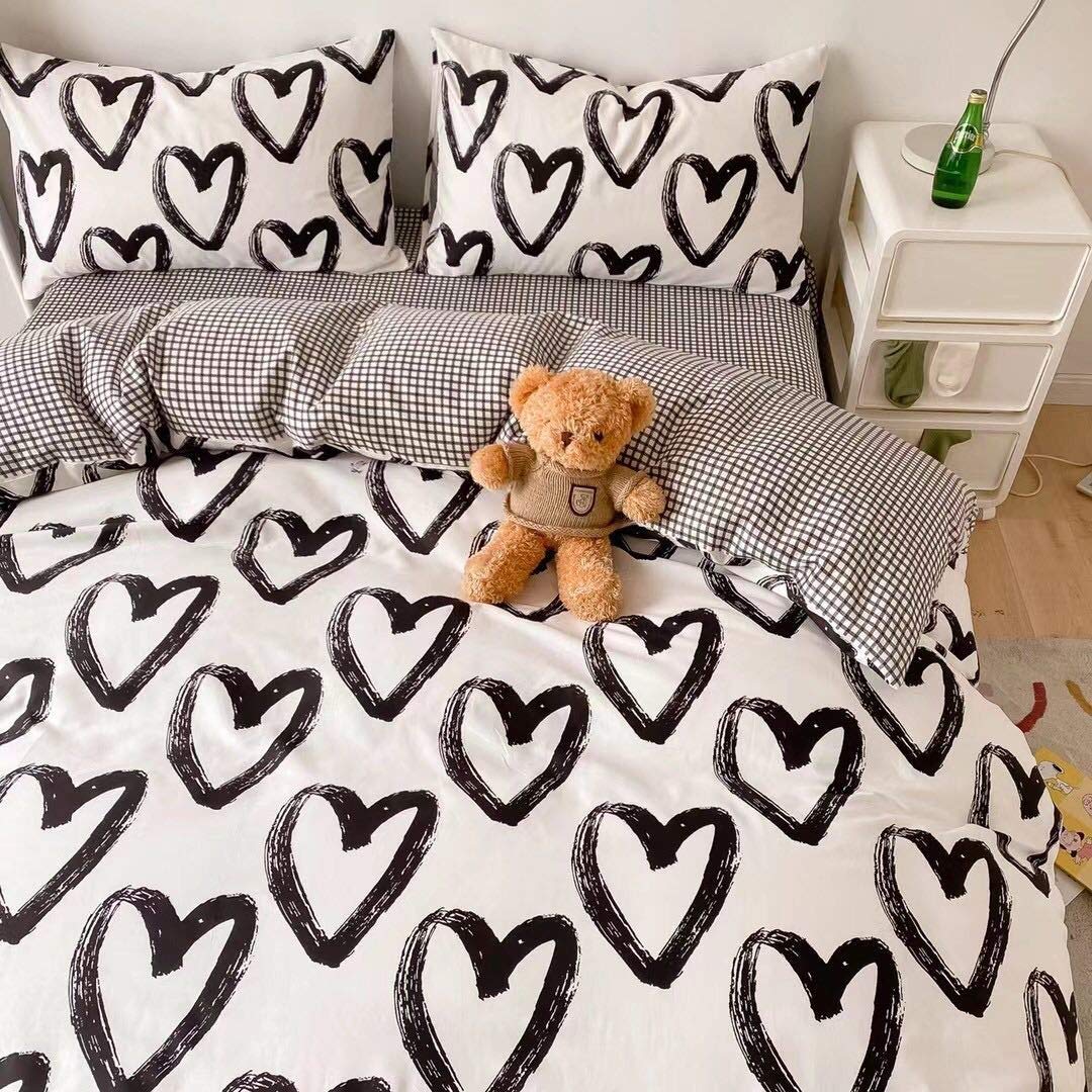 CLOTHKNOW Black and White Duvet Cover Sets Cotton Queen Love Pattern Bedding Sets Full Bedding Duvet Cover Reversible Grey Grid Duvet Cover