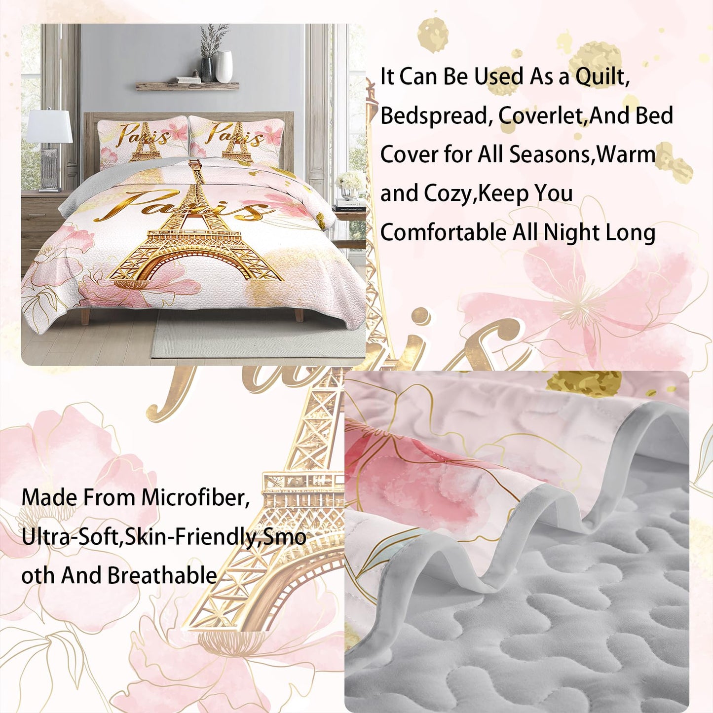 AILONEN Paris Eiffel Tower Bedding Soft Quilt Set King Size,Tie Dye Flower Pink Bedspread Coverlet,3 Piecespink and Gold Watercolor Quilt & 2 Pillowcases