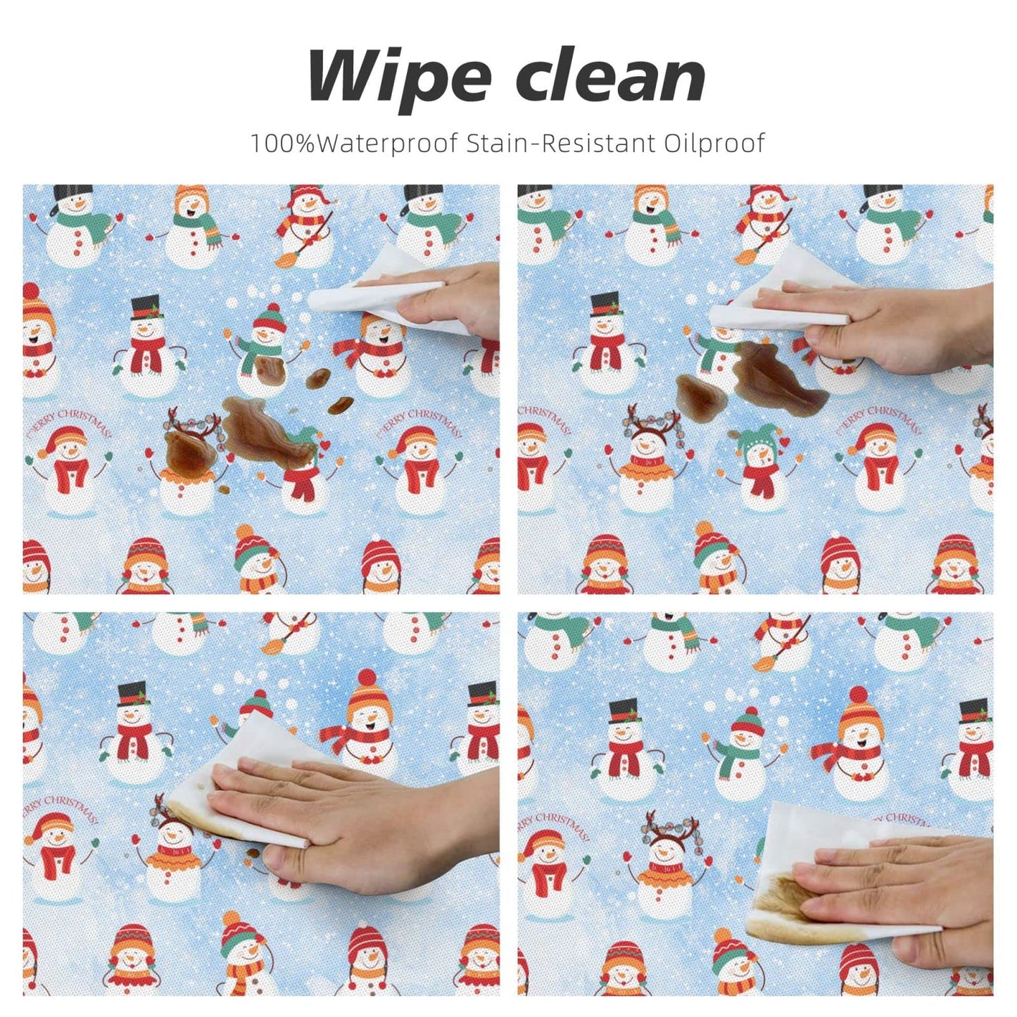 KUOAICY Christmas Snowman Winter Snow Blue Round Fitted Tablecloth with Elastic Edged Decorative Kitchen Dining Table Cloth Cover Fits 45-50" Round Table