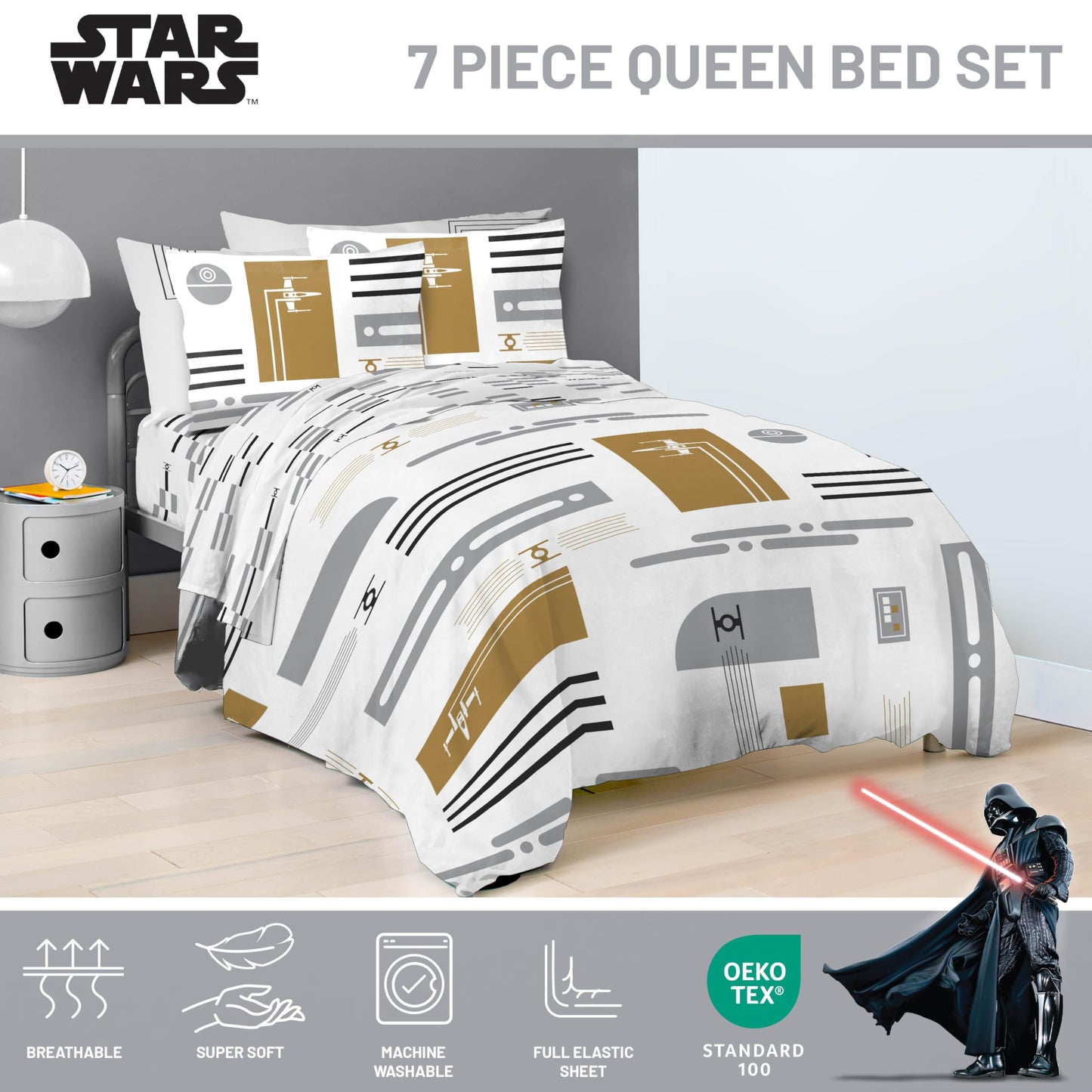 Jay Franco Comforter Set Includes Sheets and Pillow Covers - Soft and Cozy Bed Set for Stylish Room Decor, White - Star Wars, 7 Piece Queen Bedding