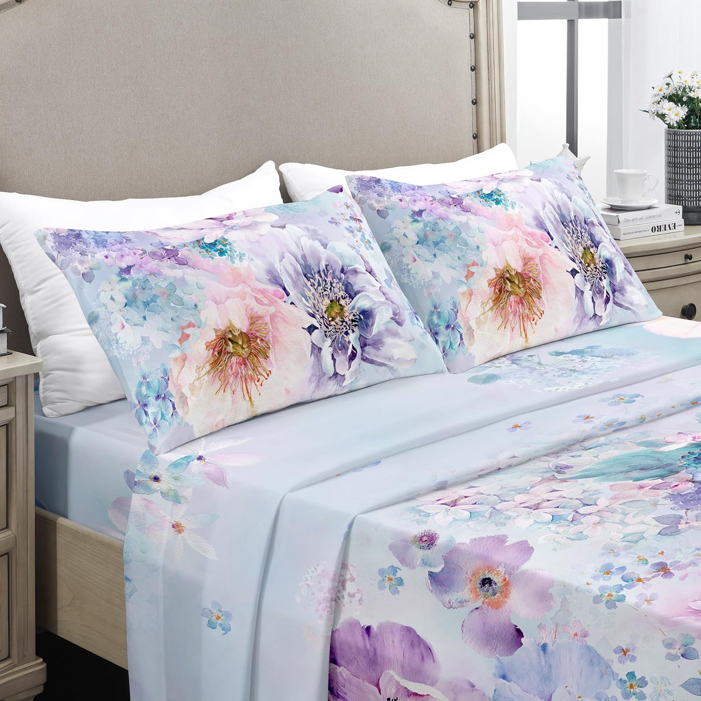 YIYEA Floral Sheets King Size, Premium Double Brushed Microfiber Bed Sheet Set for All Season, Soft Breathable, 16" Deep Pocket, Shrinkage and Fade Resistant, 4PC, King