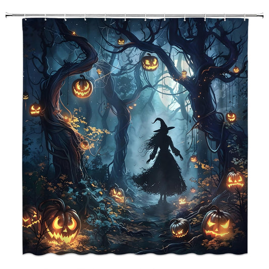 DSMEUE Halloween Witch Shower Curtain,Spooky Haunted Forest with Pumpkin Decor for Bathroom,Dark Gothic Blue Orange Fabric Curtain with Hooks,70x70 Inch