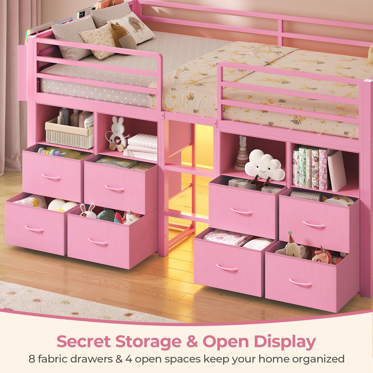 ADORNEVE Low Loft Bed Twin Size with 8 Storage Drawers, Twin Loft Bed with Bookcase and LED Lights, Metal Kids Loft Bed with 14" H Safety Guardrail, Under-Bed Play Space, No Box Spring Needed, Pink
