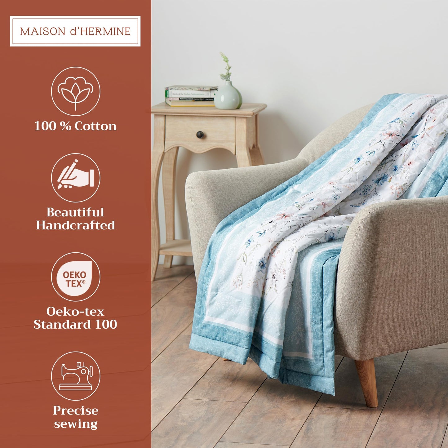 Maison d' Hermine Throw Blanket for Couch Lightweight Soft Warm Breathable Cotton Throw Blankets for Bed Girls Boys Women Men Gift Sofa Travel Living Room Spring Summer (Ice Florals, 60" X 80")