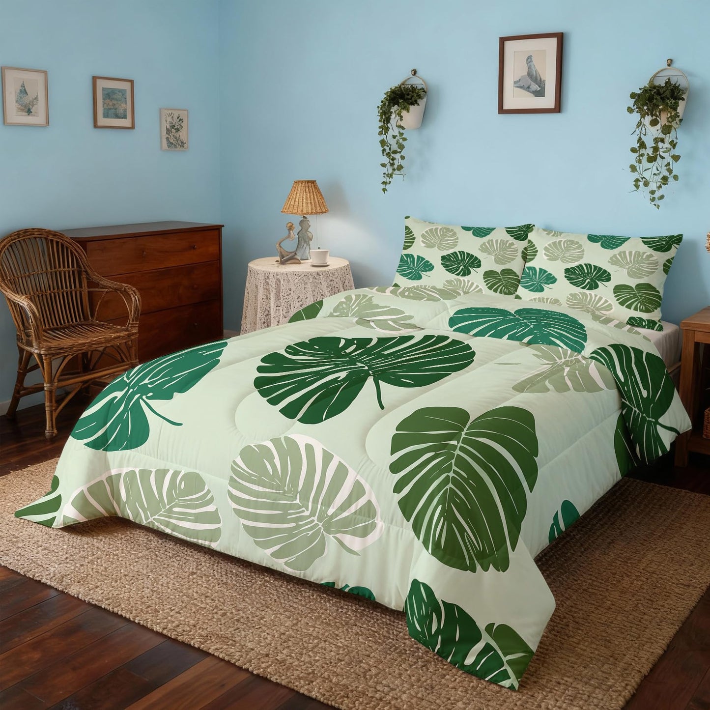Palm Leaf Comforter Set King Size 3Pc, Green Tropical Plants Pattern Down Alternative Bed Comforter, 2 Pillow Shams, Soft All Season Bedding, Leaf Bedroom Decor A9
