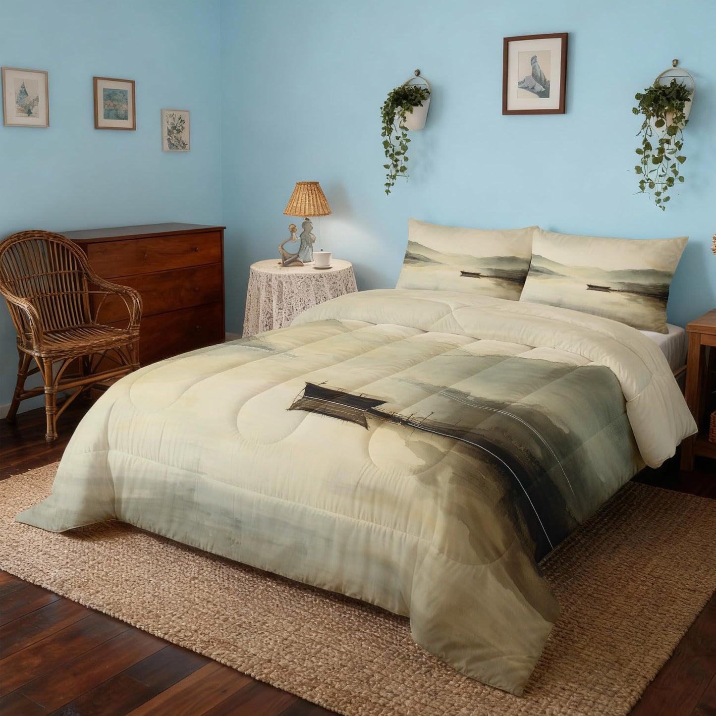 TANCAPRIUM Asian Comforter Set Twin - Japanese Landscape Bedding Set & 2 Pilow Cases for All Season - Soft Reversible Down Alternative 3 Piece. Asian Bedrom Decor