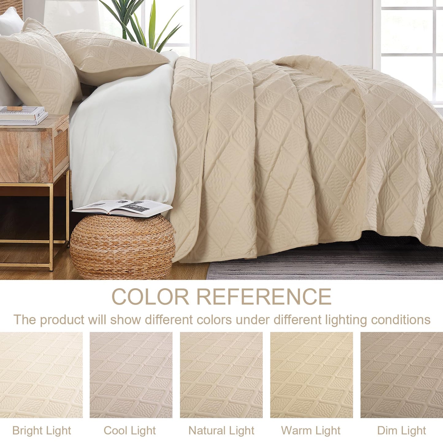 Yiran Camel Quilt Set Queen Size, 3 Piece Reversible Bedspreads Bedding Set, Fall Diamond Pattern Coverlet for All Season with 2 Pillow Shams (Full/Queen, 96x90 Inch)