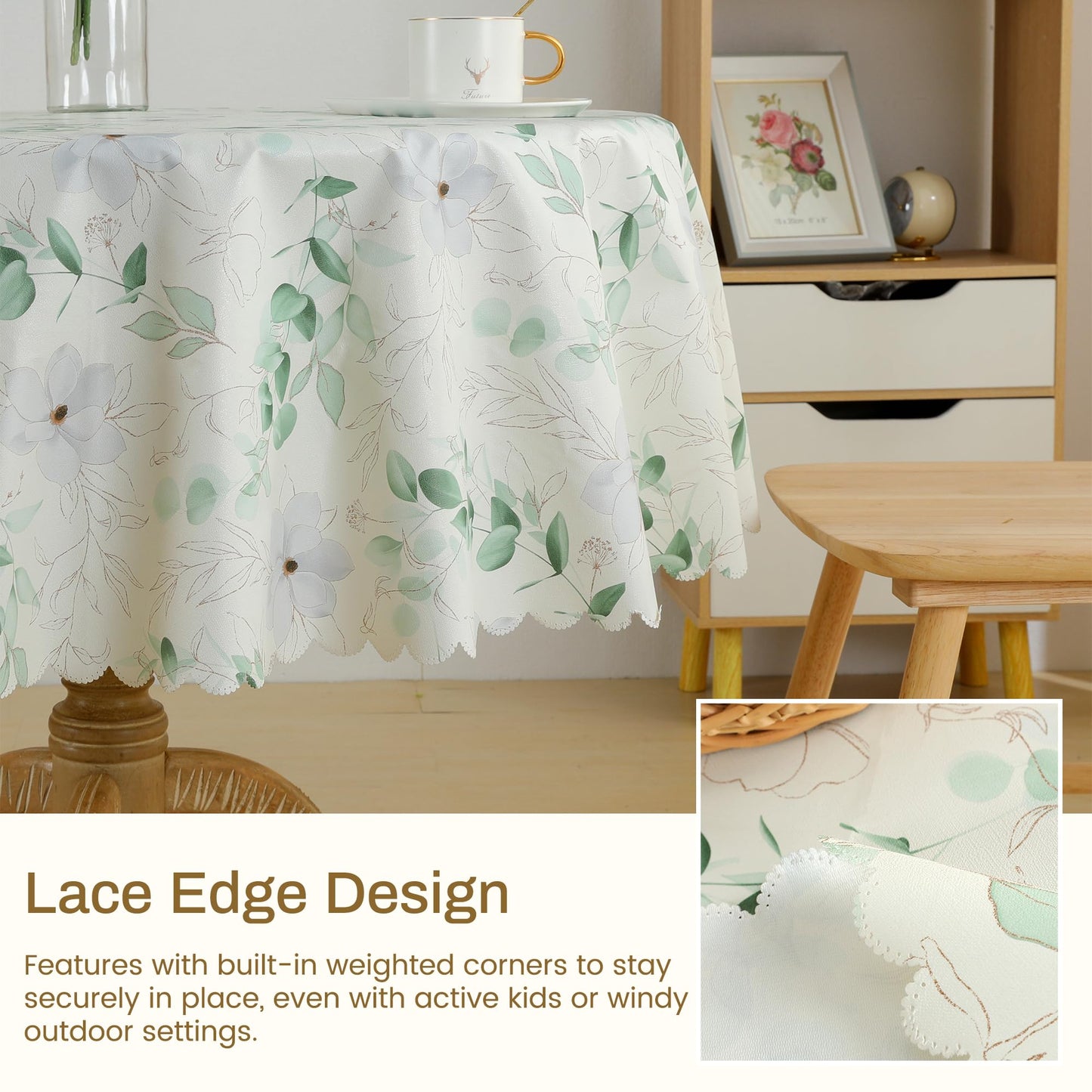 Fhberni Heavy Duty PVC Tablecloth with Vibrant Floral Prints Waterproof & Wipeable & Durable Plastic Table Cover for Parties, Weddings, Holiday Decor(Round 55'', Green 2)