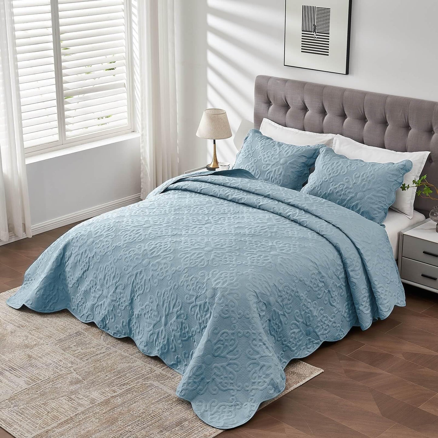 Oversized King Bedspreads 128x120 Extra Wide Quilt for Tall King California King Bed Lightweight 3 Piece Quilted Coverlet Pillow Shams Set Spa Blue