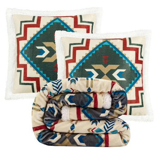 Paseo Road Indigo Hill by HiEnd Accents Spirit Valley Aztec 3 Piece Sherpa Throw Blanket Set, Tribal Navajo Print Fleece Throw Set, Western Southwestern Style, 1 Throw and 2 Throw Pillows