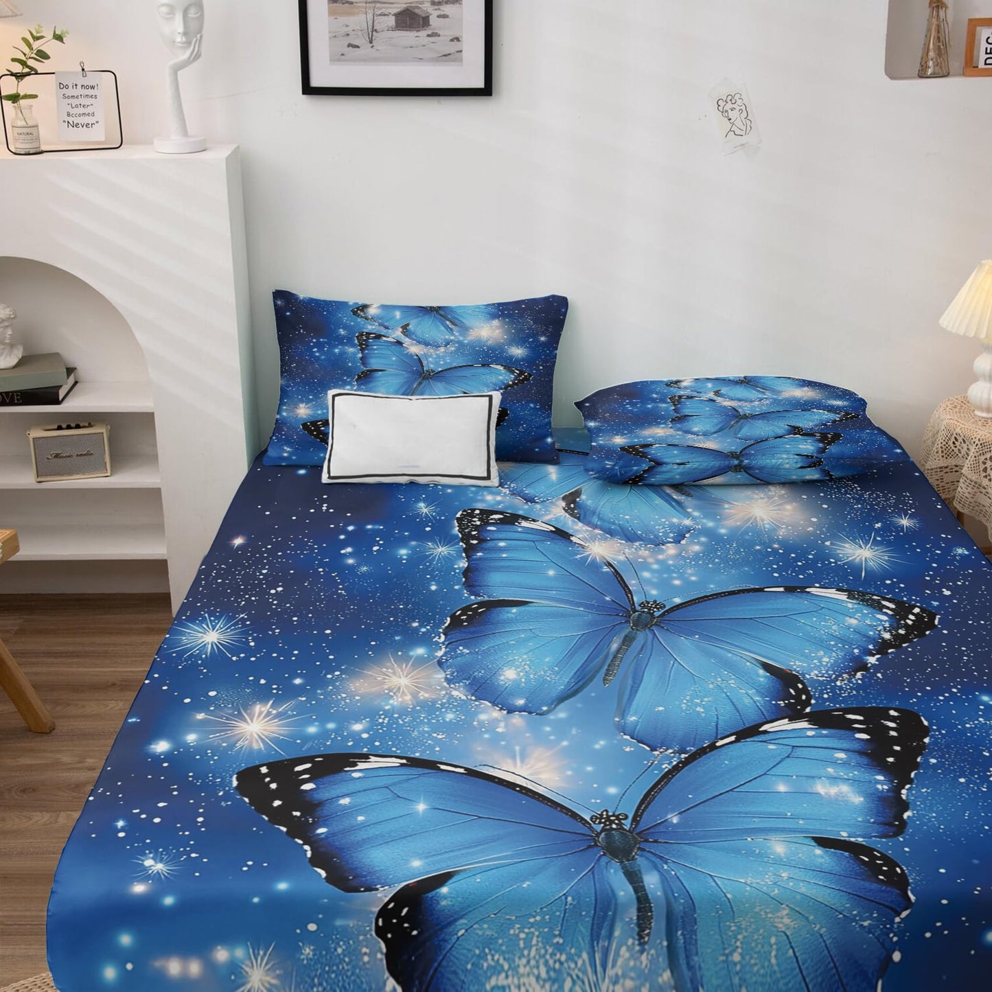 Rejkxyw King Size Sheets Set Blue Butterfly - Fantasy Butterflies Bed Sheets - Galaxy Sheet Set - 12 Inch Deep Pocket - Ultra Soft Winkle Free Microfiber Bedding Sheets & Pillowcases 4 Piece