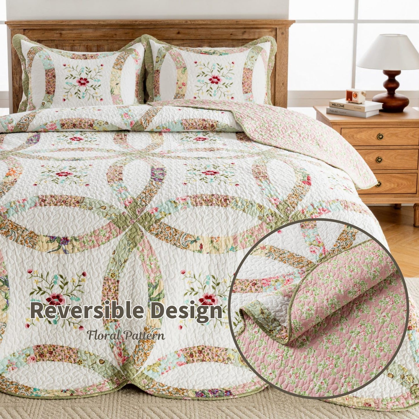 meadow park Cotton Real Patchwork Embroidery Quilt Set 3-Piece. 100% Washed Cotton. 376 Hand Cut Patches. Embroidery and Allover Quilting. Reversible Coverlet Set. (Queen)