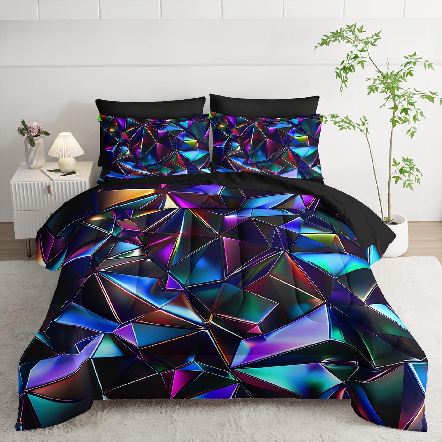 lneffble 7 Piece Purple Geometric Abstract Pattern Comforter Set King Size，Abstract Diamond Print Bedding King，(1 Comforter, 1 Flat Sheet, 1 Fitted Sheet, 2 Pillowcase and 2 Pillow Sham)