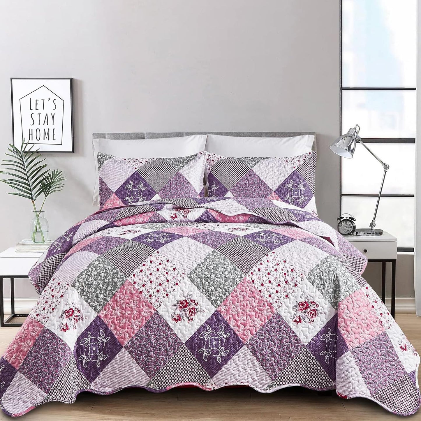 Dinjoy Purple Quilt Set Queen Size, Reversible Floral Plaid Patchwork Pattern Bedding Set Soft Microfiber Lightweight Bedspread Coverlet 3 Piece Spring Summer Use (90x90 inches)
