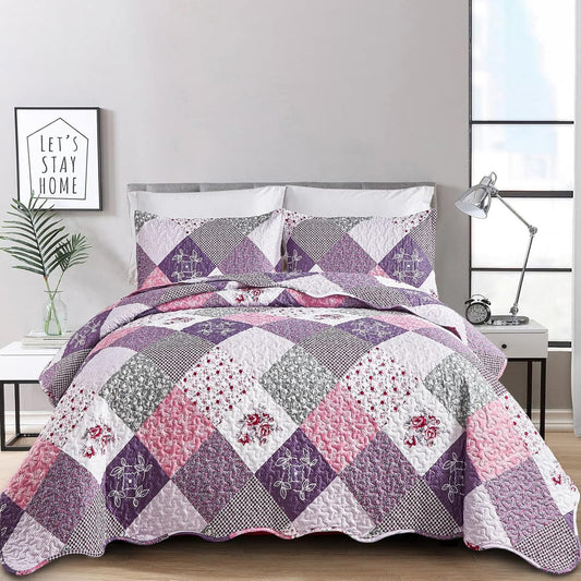 Dinjoy Purple Quilt Set Queen Size, Reversible Floral Plaid Patchwork Pattern Bedding Set Soft Microfiber Lightweight Bedspread Coverlet 3 Piece Spring Summer Use (90x90 inches)