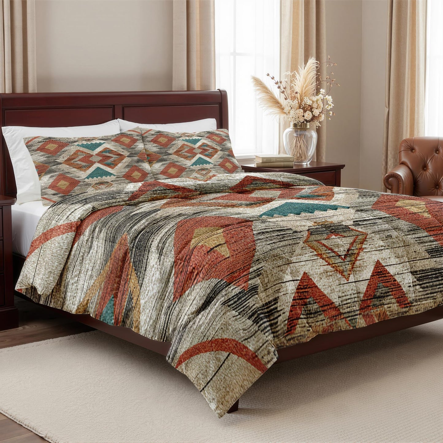 Southwestern Comforter Queen Size - 3 Pcs Bed Set, All Season Duvet Insert & 2 Pillowcases, Native American Bedding Set, Soft Lightweight Down Alternative Comforter, Geometric Bedroom Decor