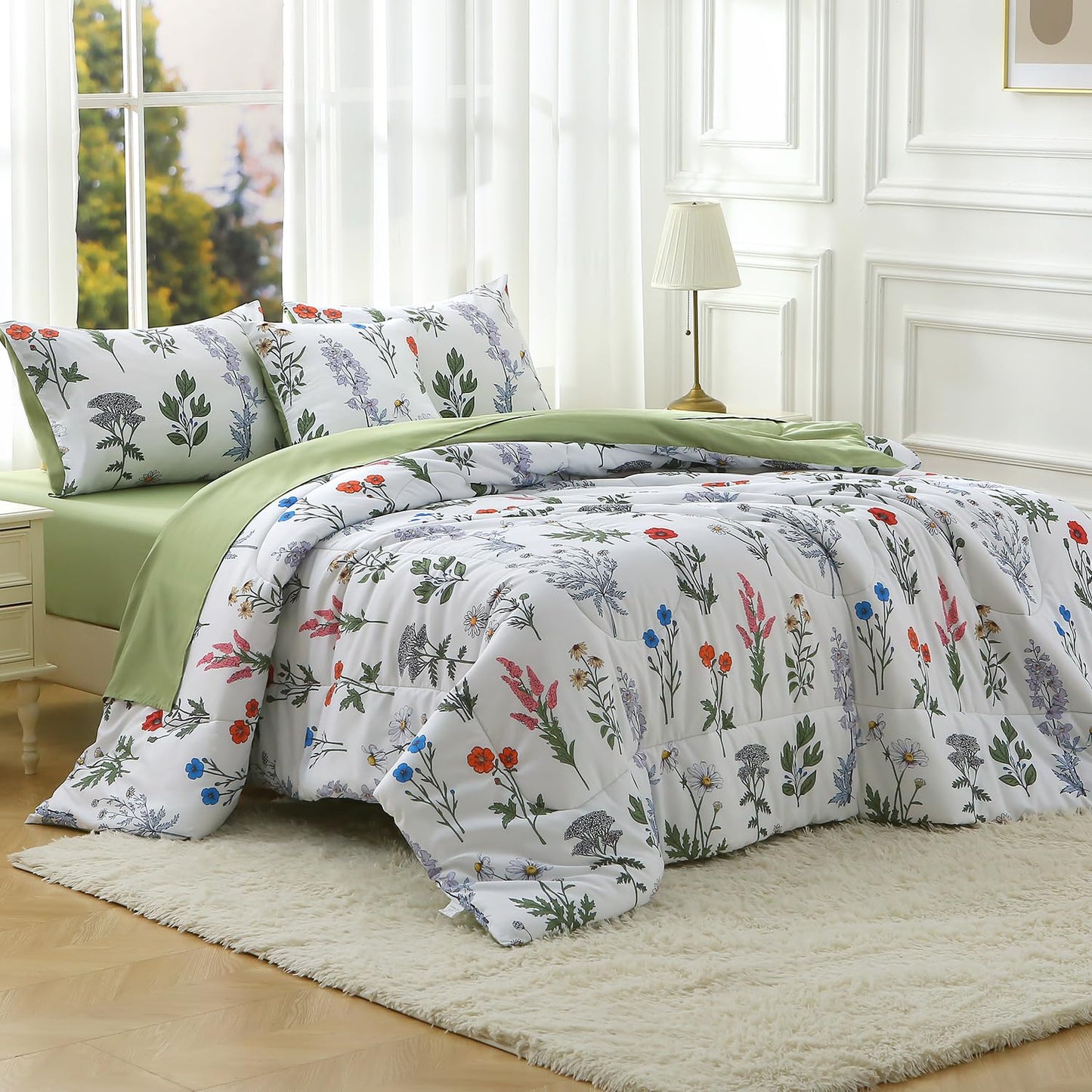 JQinHome Queen Comforter Set - 6 Pieces White Botanical Floral Reversible Green Solid Bedding Set, Bed in a Bag with Microfiber Comforter, Sheets & Cushion Cover, Edredones Queen Set Completo