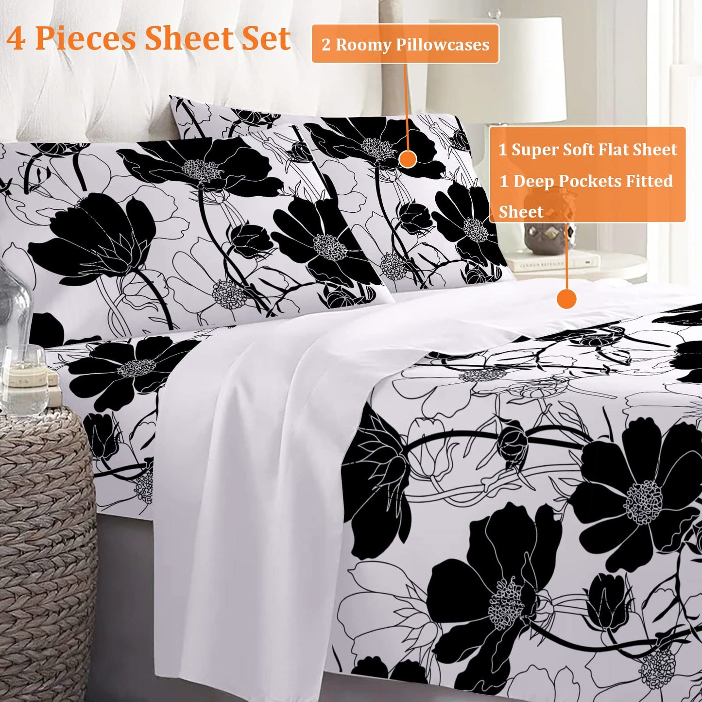 INTOMENG Black and White Floral Sheets Queen Flower Aesthetic Bed Sheets Full Soft Deep Pocket Queen Sheet Set - 1pc Flat Sheet, 1pc Fitted Sheet, 2pc Pillowcases Flowers Ultra Soft