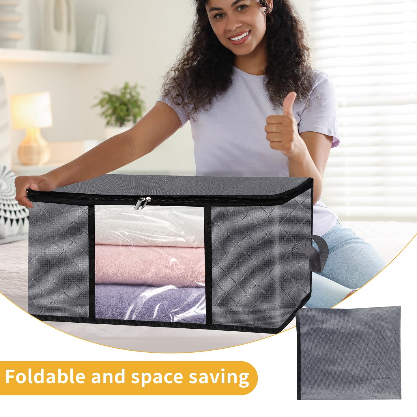 3 Pack Storage Bags, 45L Foldable Clothes Storage Bins with Lids, Closet Organizers Blanket Storage Bags with Zippers Clear Window Sturdy Handles for Clothing Bedding Comforter Sweater Pillows (Gray)