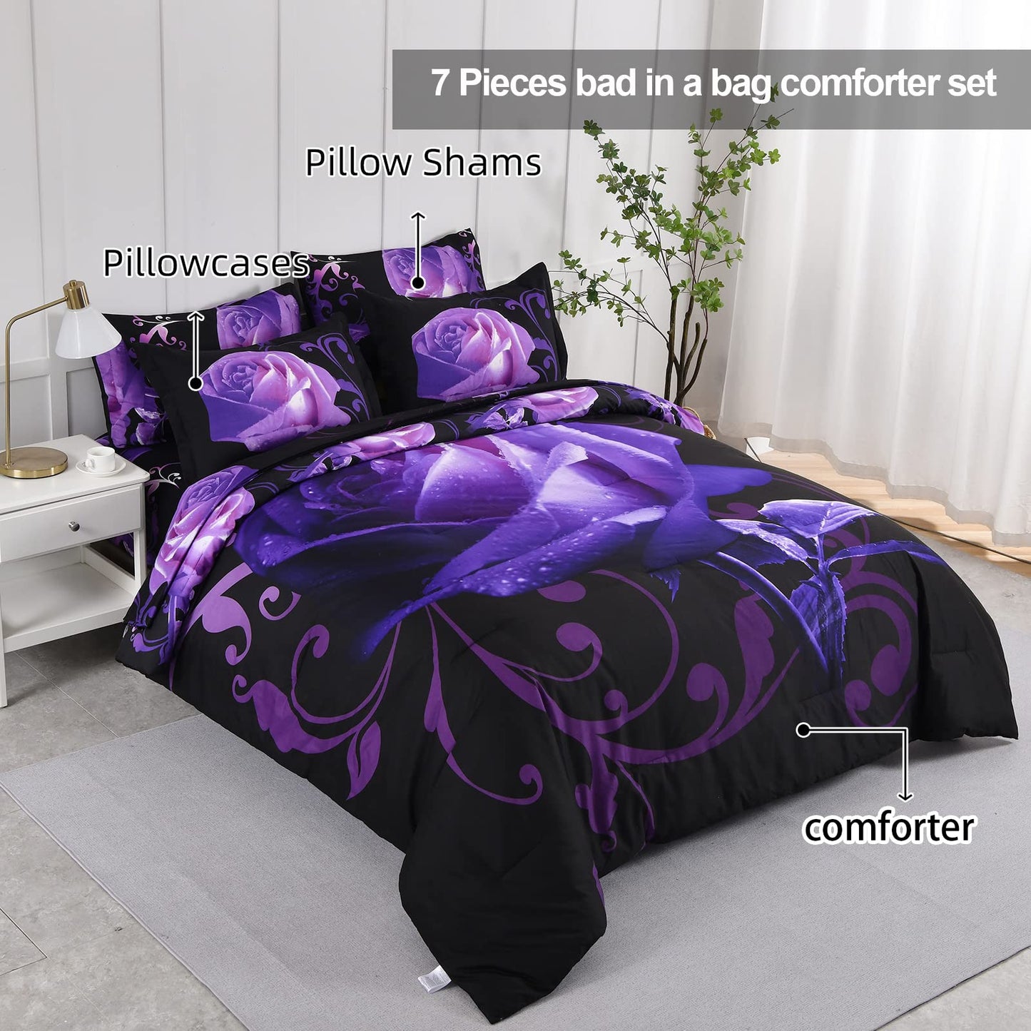 Floral Comforter Set California King 7 Piece Bed in a Bag Purple Rose Flower Comforter with Sheet Set Soft Micorfiber Bedding Set (1 Comforter,2 Pillow Shams,1 Flat Sheet,1 Fitted Sheet,2 Pillowcases)